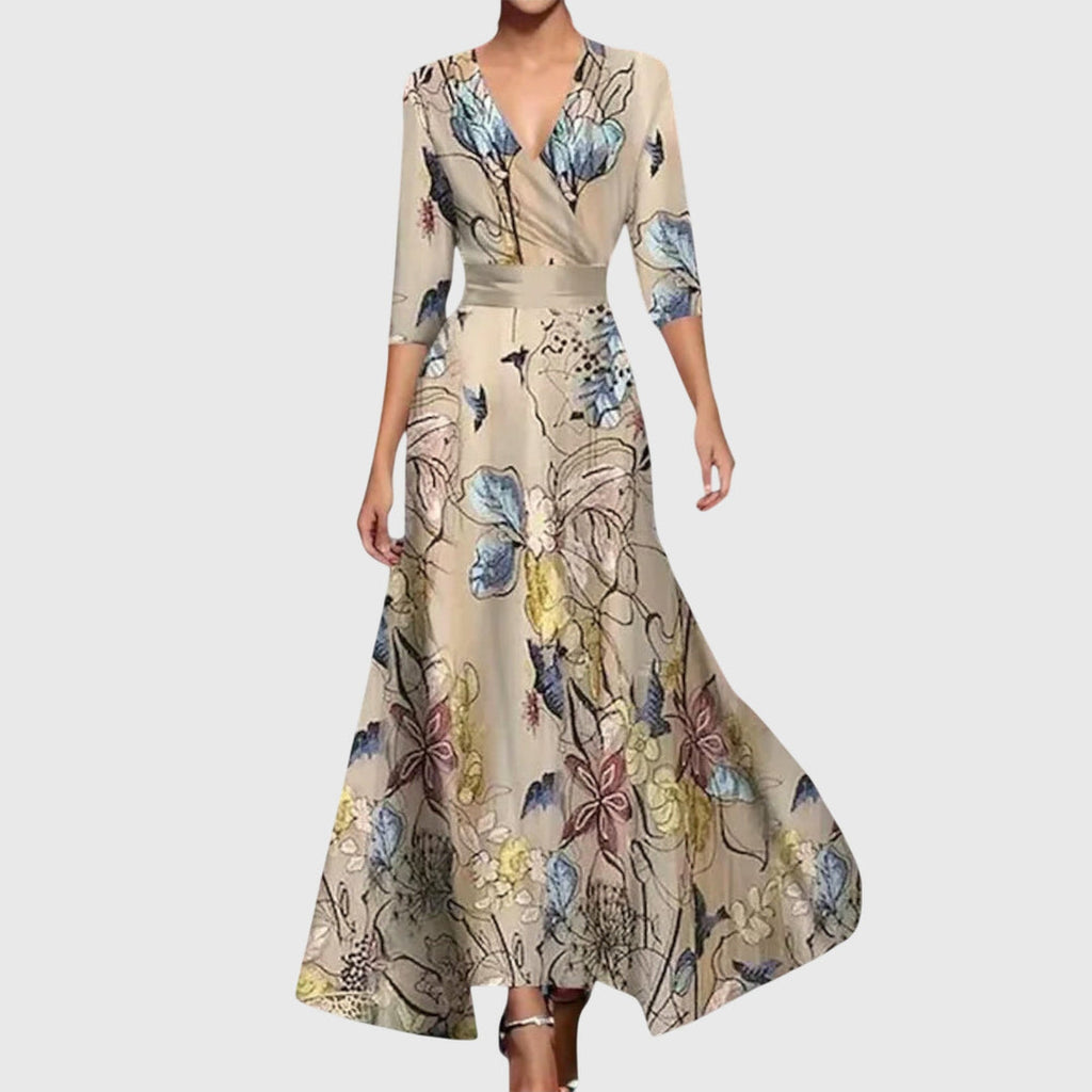 Maxikleid Damen mit V-Ausschnitt und Blumenmuster | Elegantes Wickelkleid mit kurzen Ärmeln für festliche Anlässe und Sommer