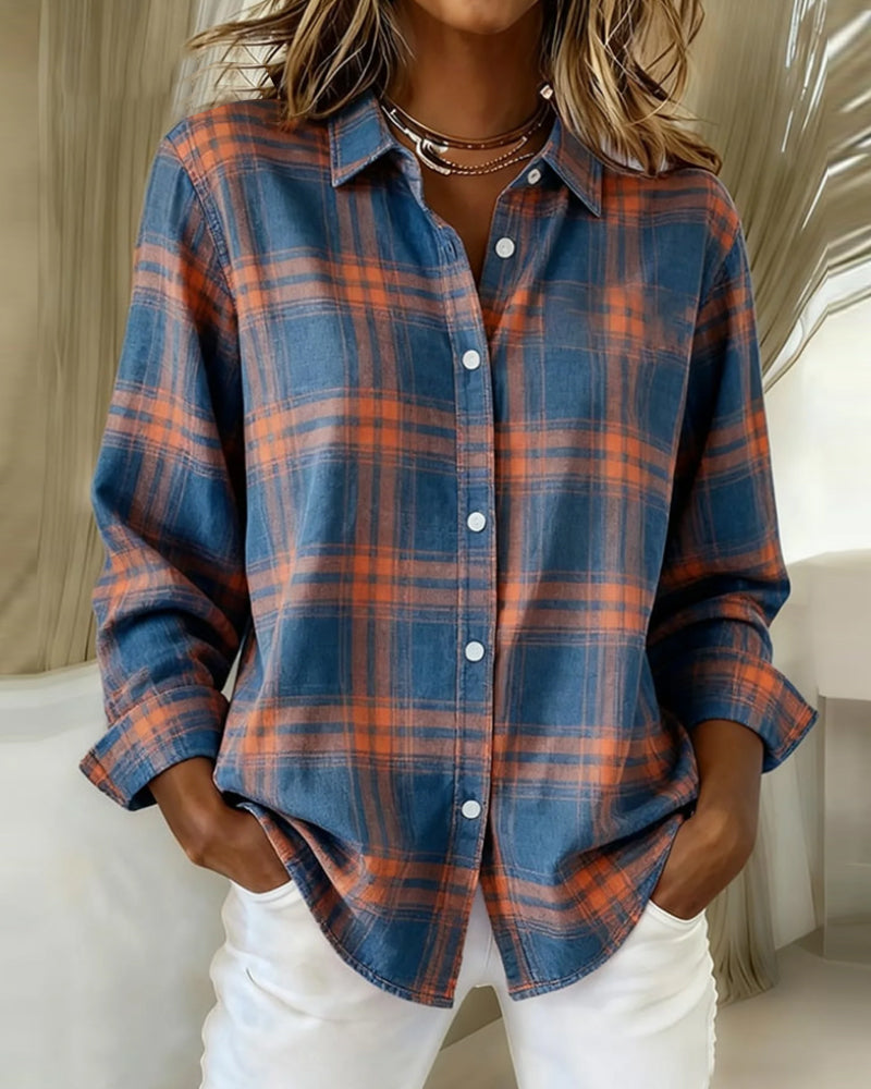 Chemise femme à carreaux col revers | Élégante & confortable - Bleu