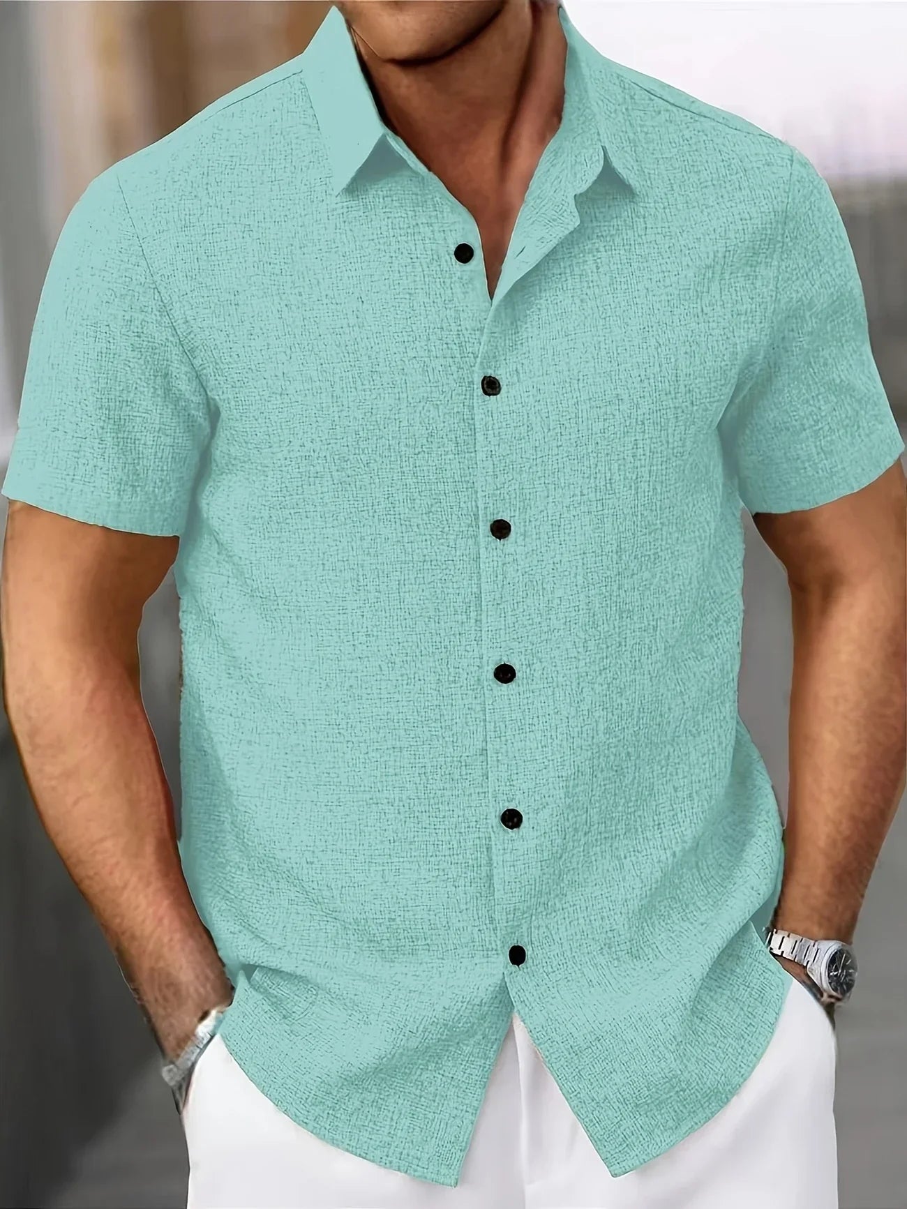 Men's Short-Sleeve Linen Shirt - Lightweight Summer Shirt Made from Linen Blend - Breathable Casual Shirt for Vacation and Everyday Wear