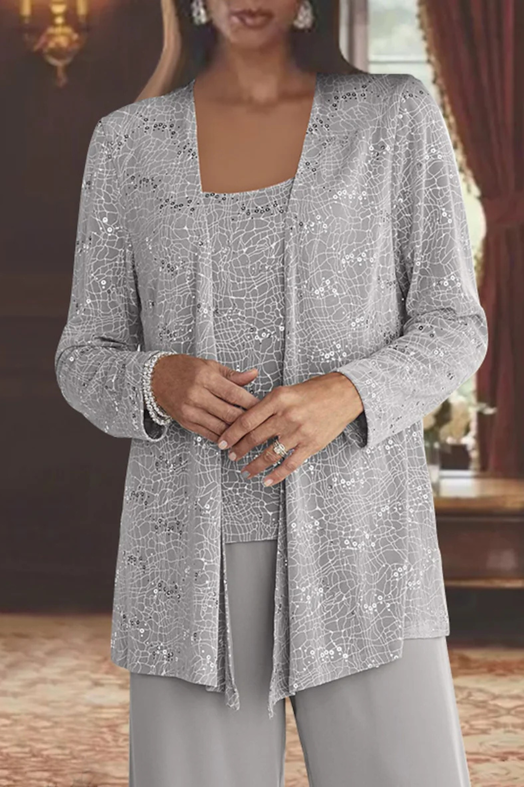 Women's 3-Piece Formal Pantsuit | Set with Sequin Lace Jacket and Wide-Leg Pants | Elegant Outfit for Wedding Guests