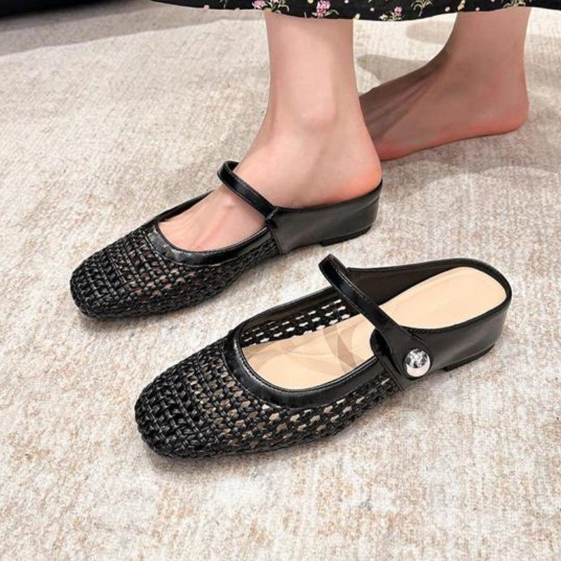 Damen Mules geflochten | Flache Slipper in Metallic-Optik mit Riemchen und eckiger Zehenpartie | Bequeme Schlupfschuhe