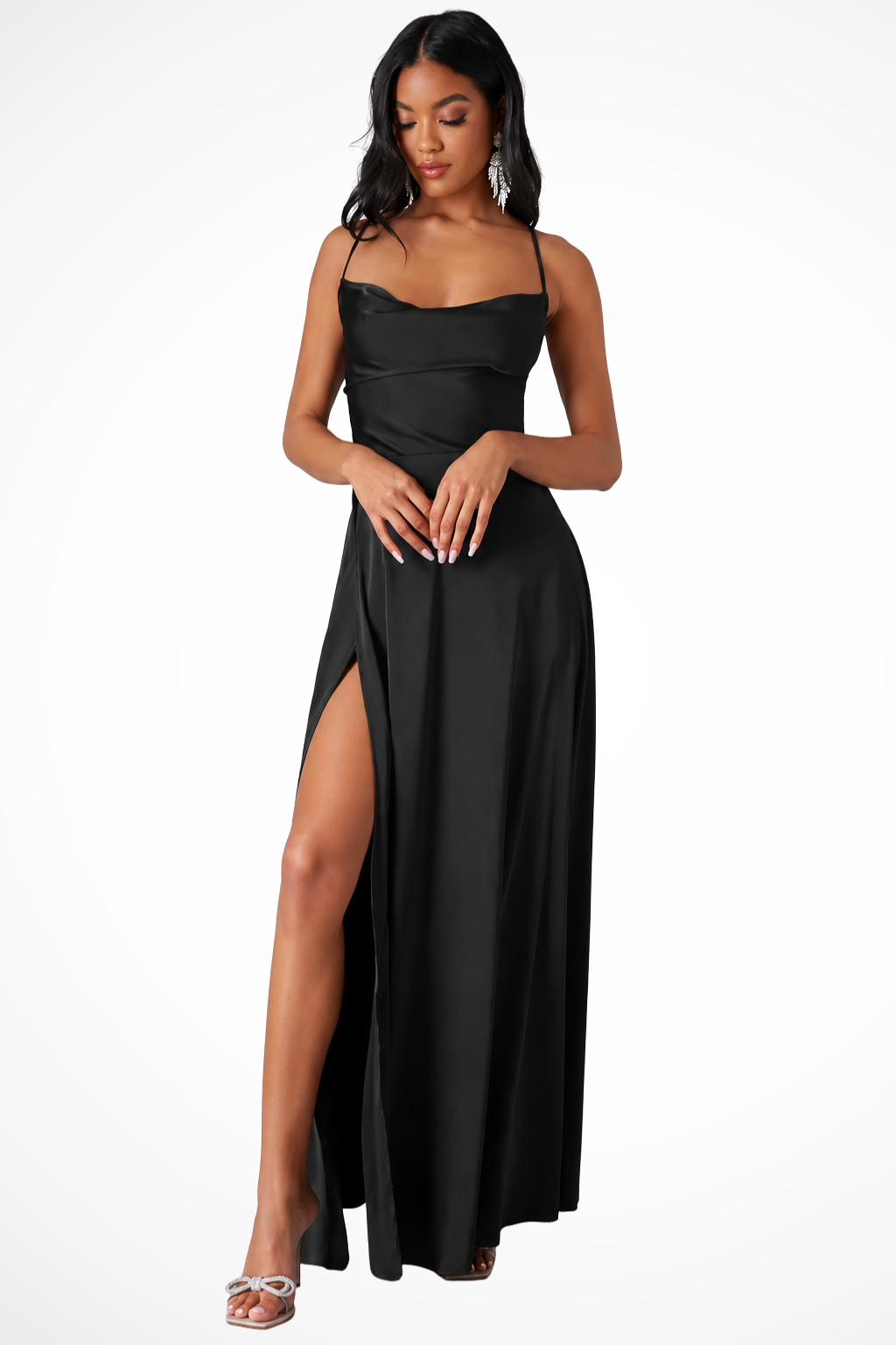 Women's satin maxi dress with waterfall neckline and side slit | Festive evening dress for wedding guests and events
