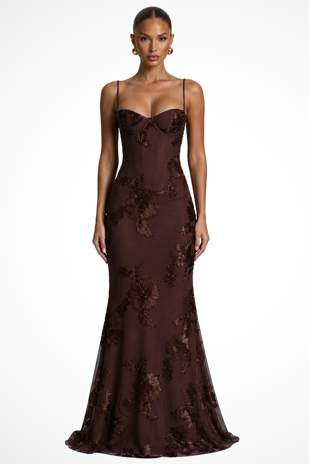 Damen Maxikleid für Hochzeitsgäste mit floraler Stickerei und Corsage, festliches langes Kleid mit schmalen Trägern