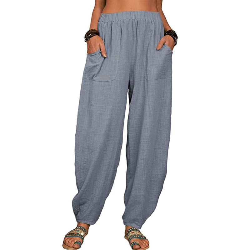 Leinenhose Damen mit Gummibund | Bequeme Haremshose aus Baumwolle-Leinen-Mix | Luftige Freizeithose mit Taschen für den Alltag