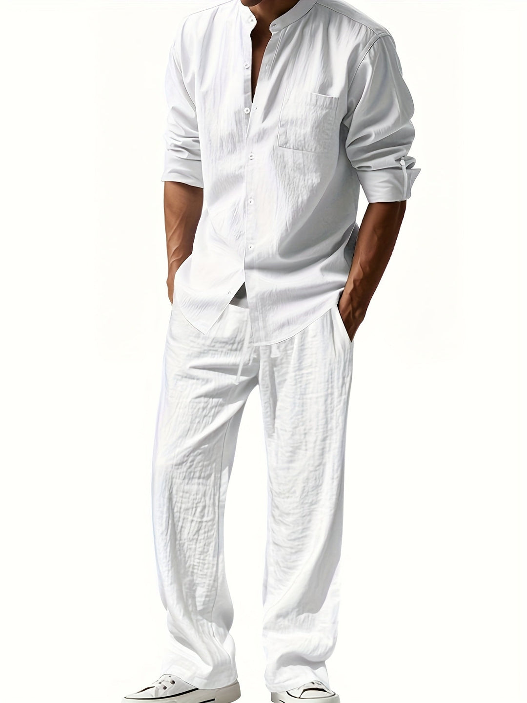 Linen Set for Men | Airy Summer Set made of breathable linen with a stand-up collar shirt and relaxed fit pants for vacation