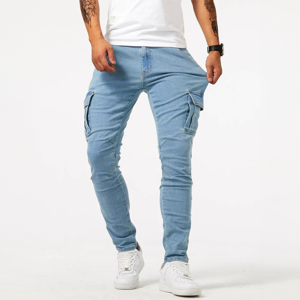 Men's cargo jeans made from elastic stretch denim | Slim fit casual pants with practical side pockets for work and leisure