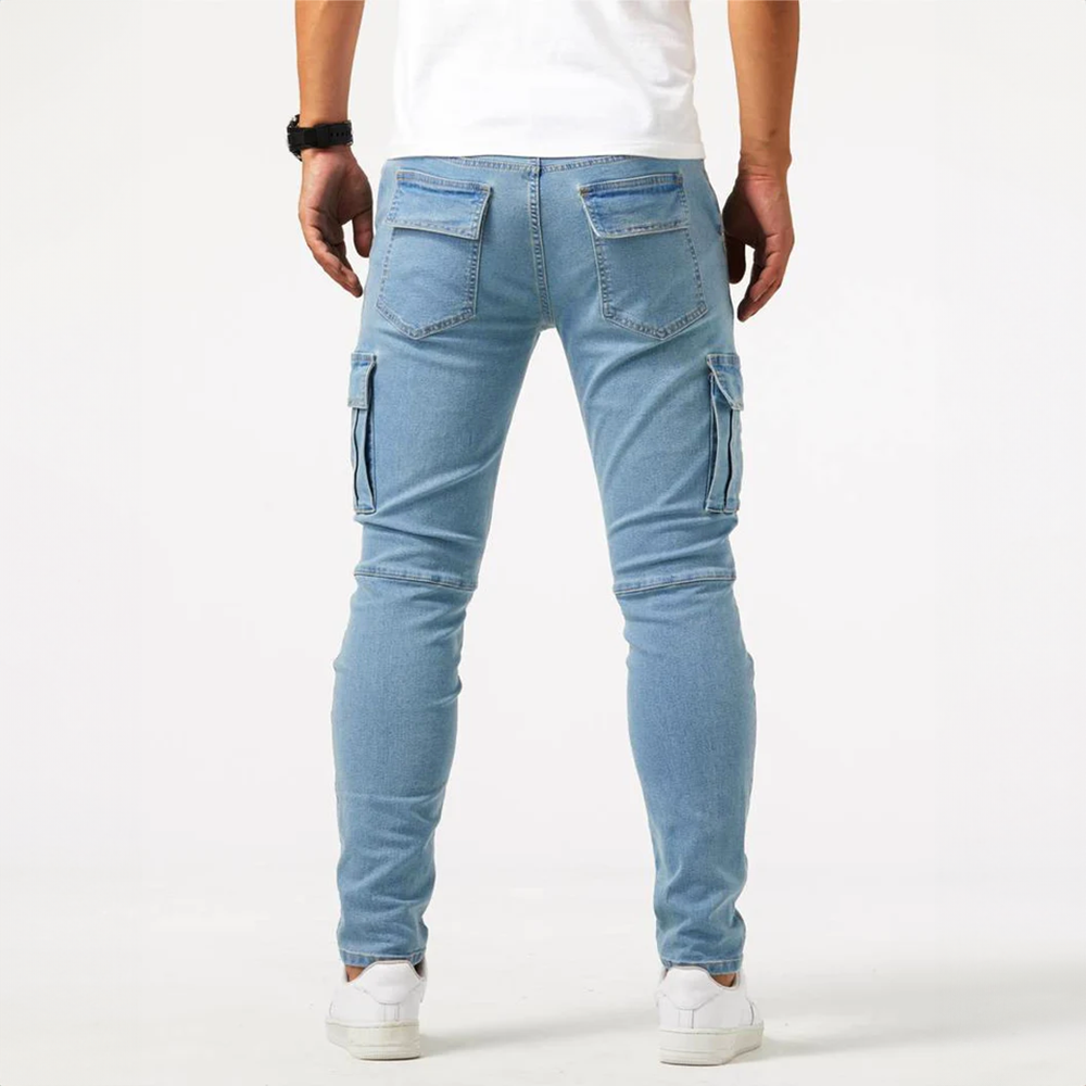 Men's cargo jeans made from elastic stretch denim | Slim fit casual pants with practical side pockets for work and leisure