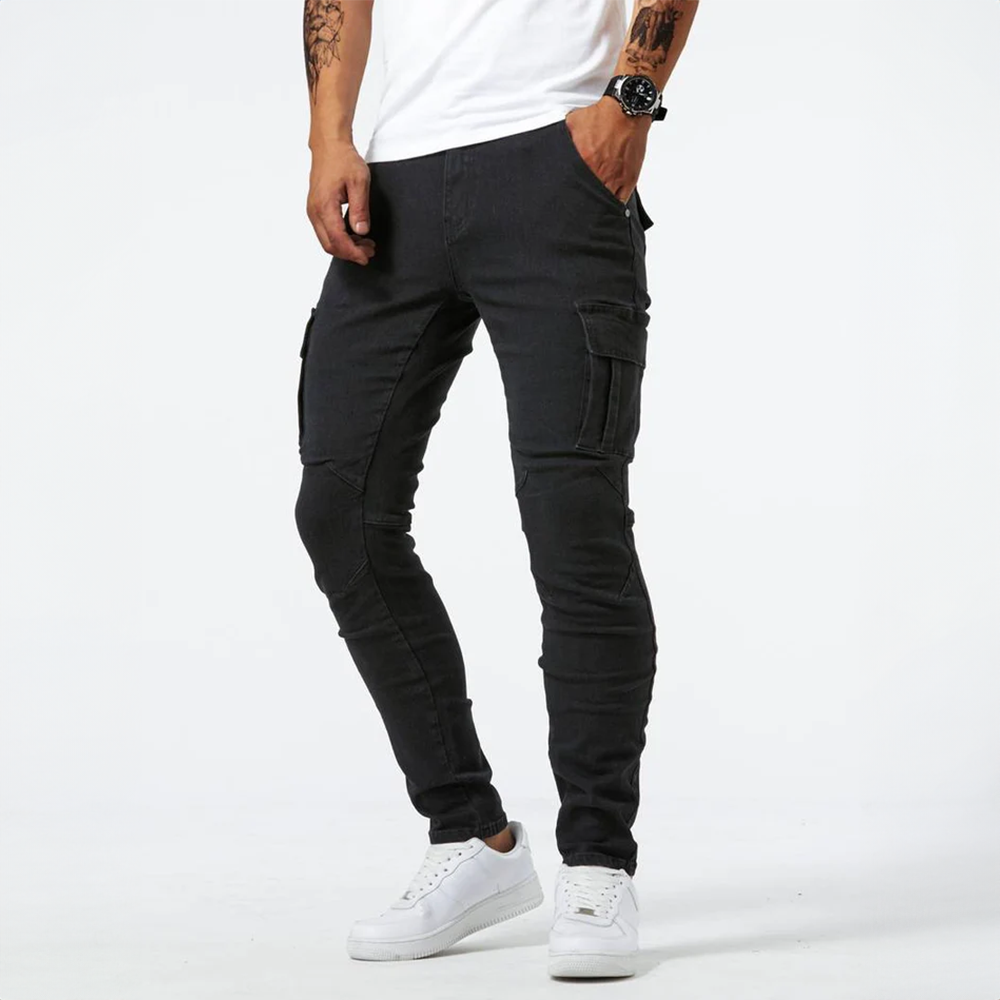 Men's cargo jeans made from elastic stretch denim | Slim fit casual pants with practical side pockets for work and leisure