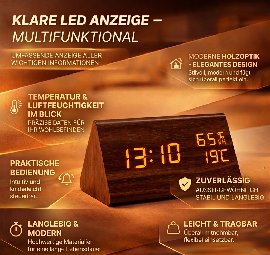 Moderner digitaler LED-Wecker aus Holz mit Temperaturanzeige