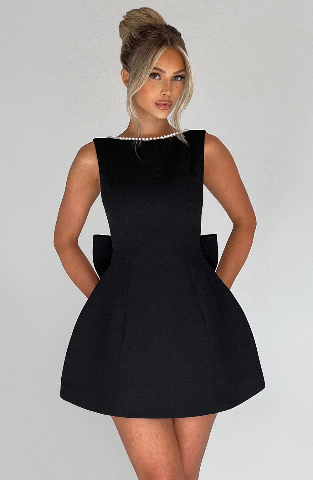 Women's Mini Cocktail Dress | Festive A-Line Dress with Large Bow and Pearl Embellishment | Sleeveless Short Party Dress