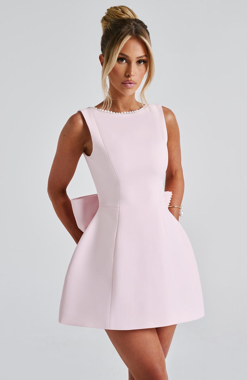 Women's Mini Cocktail Dress | Festive A-Line Dress with Large Bow and Pearl Embellishment | Sleeveless Short Party Dress