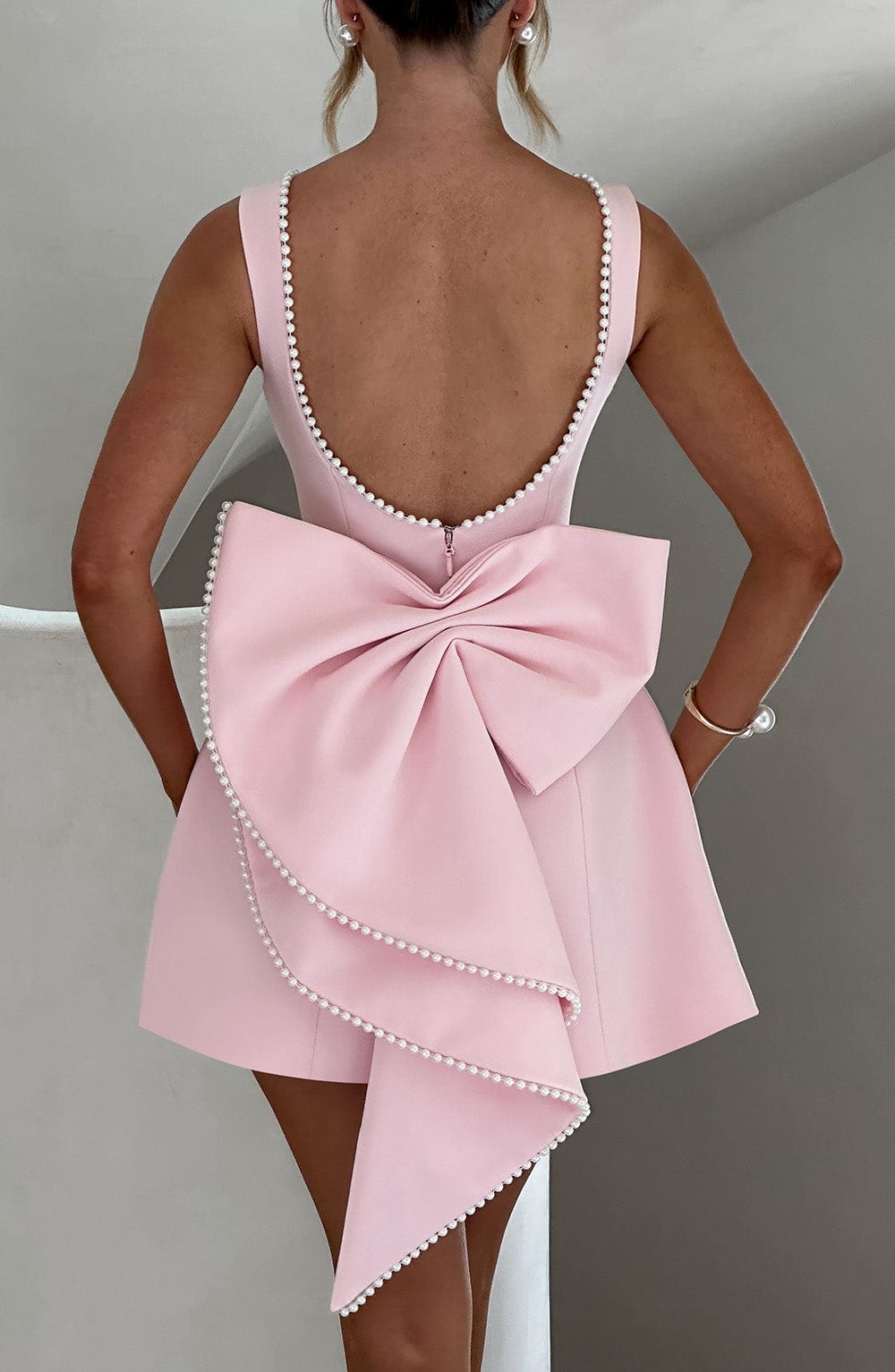 Women's Mini Cocktail Dress | Festive A-Line Dress with Large Bow and Pearl Embellishment | Sleeveless Short Party Dress
