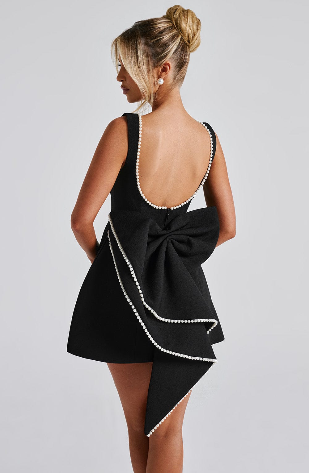 Women's Mini Cocktail Dress | Festive A-Line Dress with Large Bow and Pearl Embellishment | Sleeveless Short Party Dress