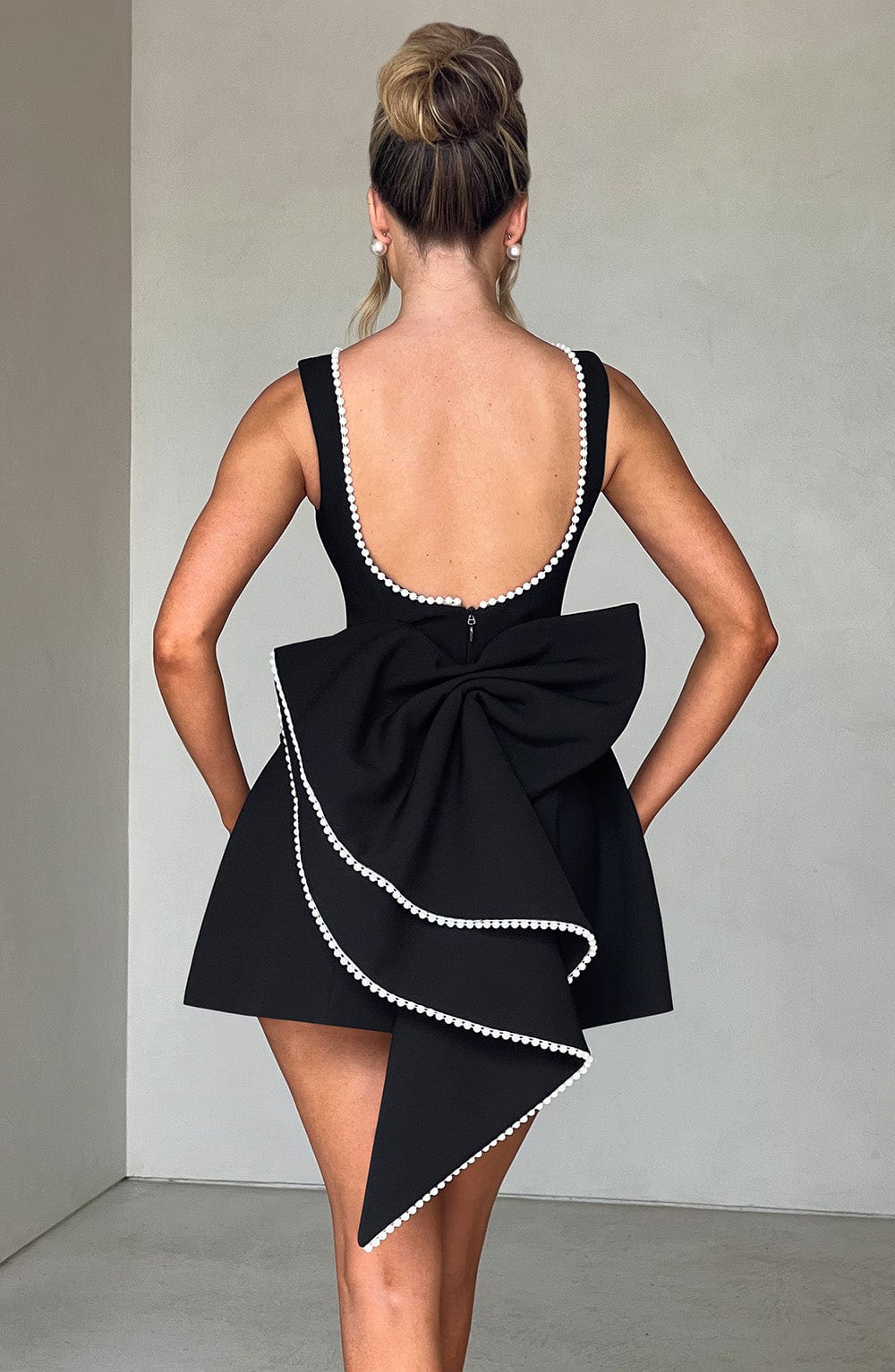Women's Mini Cocktail Dress | Festive A-Line Dress with Large Bow and Pearl Embellishment | Sleeveless Short Party Dress