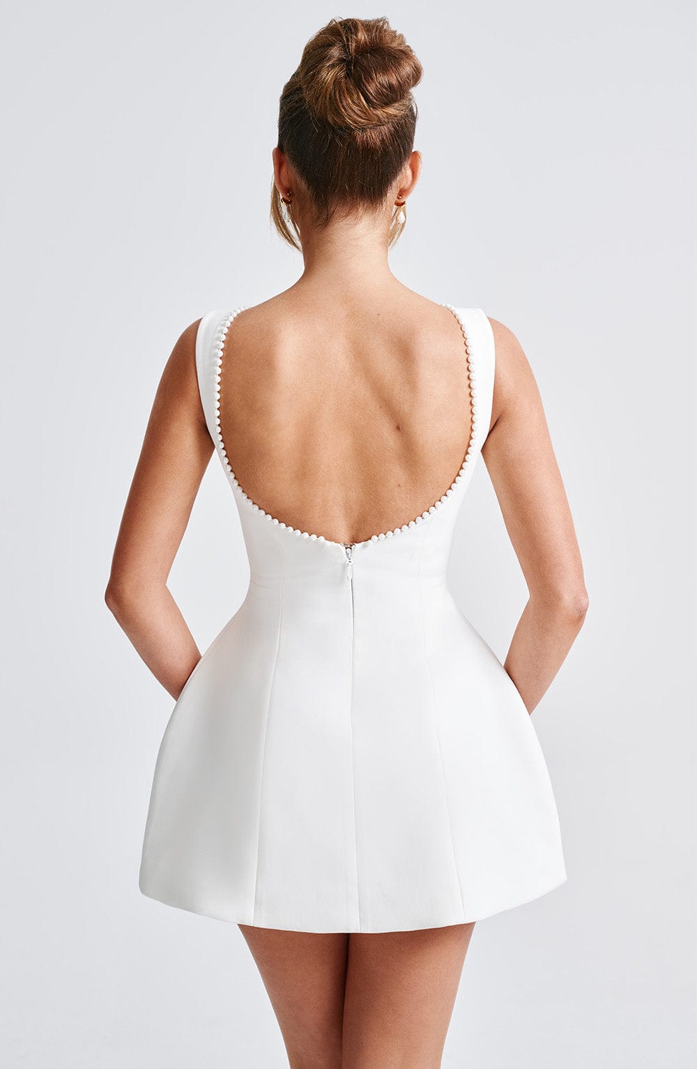 Women's Mini Cocktail Dress | Festive A-Line Dress with Large Bow and Pearl Embellishment | Sleeveless Short Party Dress