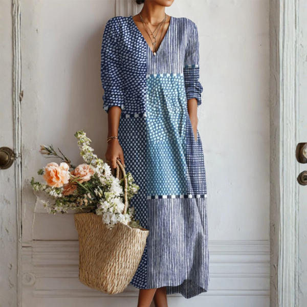 Linen Dress for Women Retro Style | Vintage Dress with Abstract Print and Pockets | Lightweight Summer Dress in Loose Fit