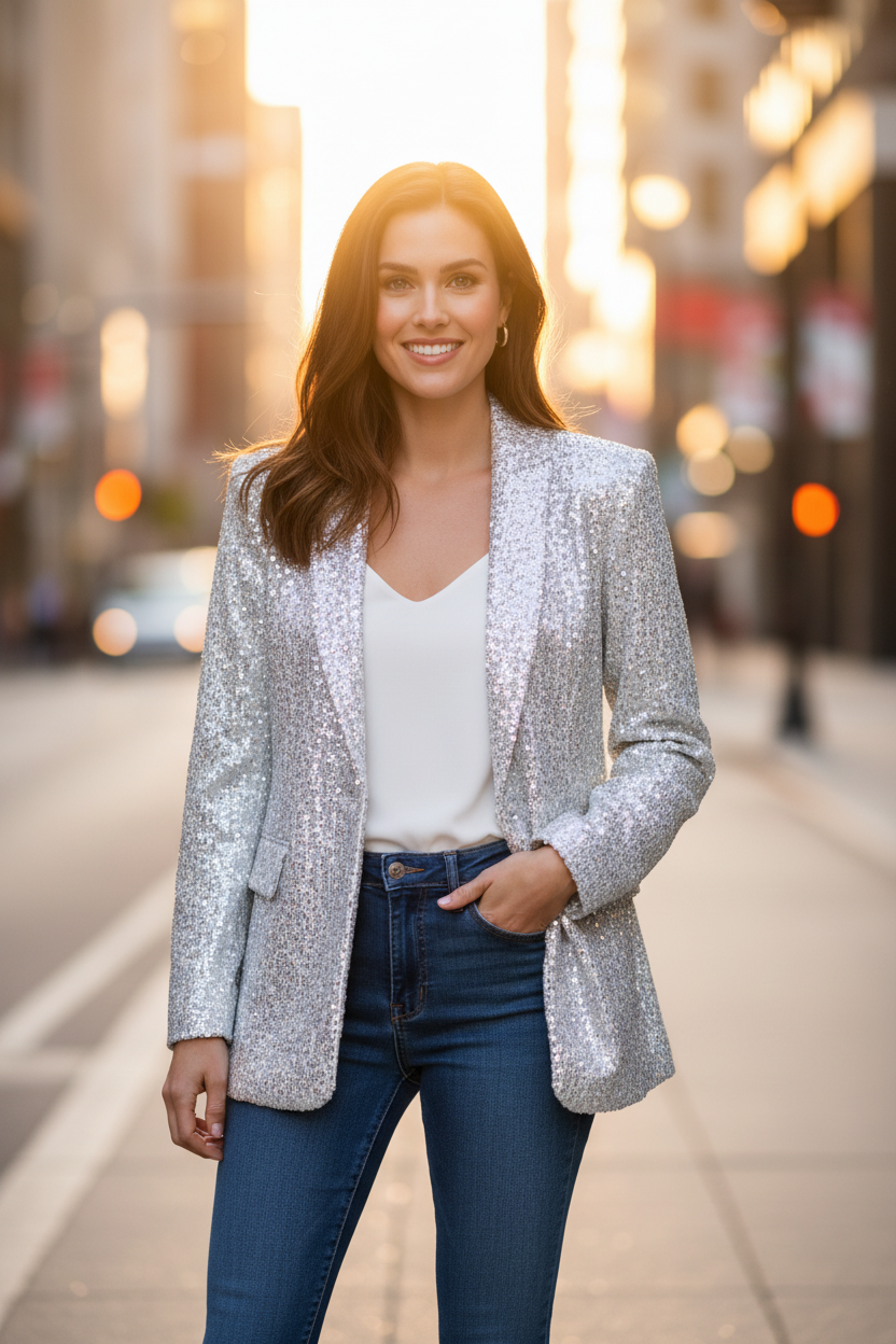 NOUVEAU RICHE Glitzernder Pailletten Blazer Mit Langen Ärmeln Und Revers Für Damen – Auffällige Party-Oberbekleidung Für Besondere Anlässe