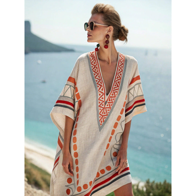 Women's kaftan dress with embroidery made from cotton-linen blend – airy boho summer dress for vacation and beach – loose fit