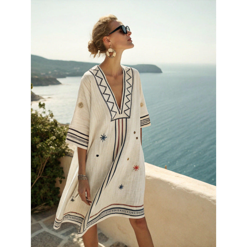 Women's kaftan dress with embroidery made from cotton-linen blend – airy boho summer dress for vacation and beach – loose fit