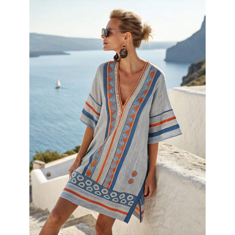 Women's kaftan dress with embroidery made from cotton-linen blend – airy boho summer dress for vacation and beach – loose fit