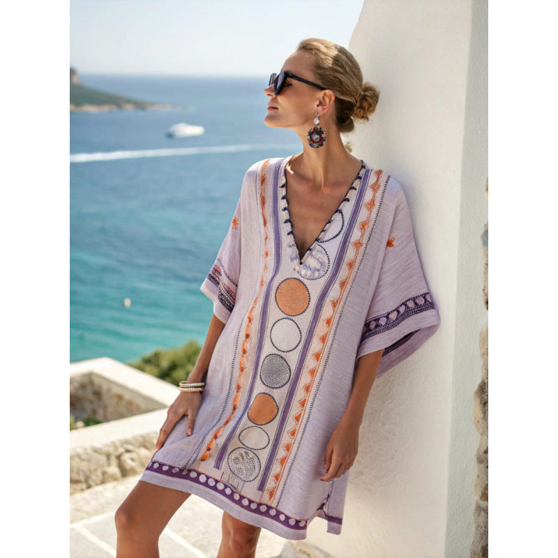 Women's kaftan dress with embroidery made from cotton-linen blend – airy boho summer dress for vacation and beach – loose fit