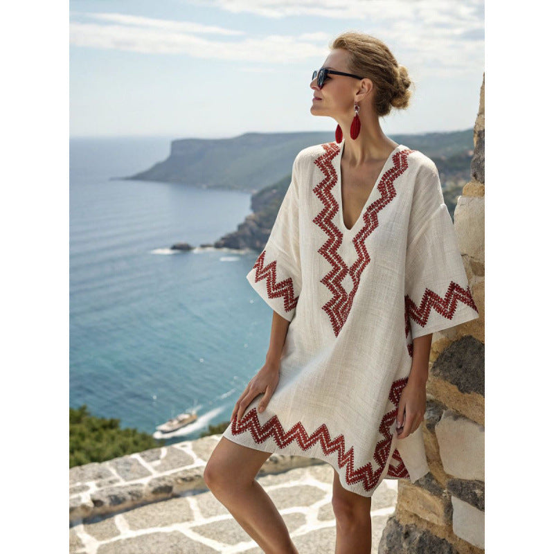 Women's kaftan dress with embroidery made from cotton-linen blend – airy boho summer dress for vacation and beach – loose fit
