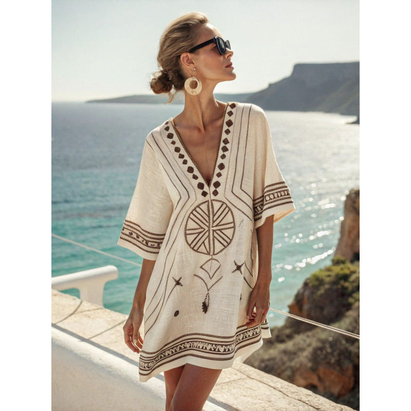 Women's kaftan dress with embroidery made from cotton-linen blend – airy boho summer dress for vacation and beach – loose fit