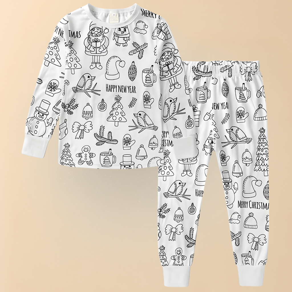 Kinder Baumwoll-Schlafanzug-Set zum Ausmalen – Kreativer Weihnachts-Pyjama
