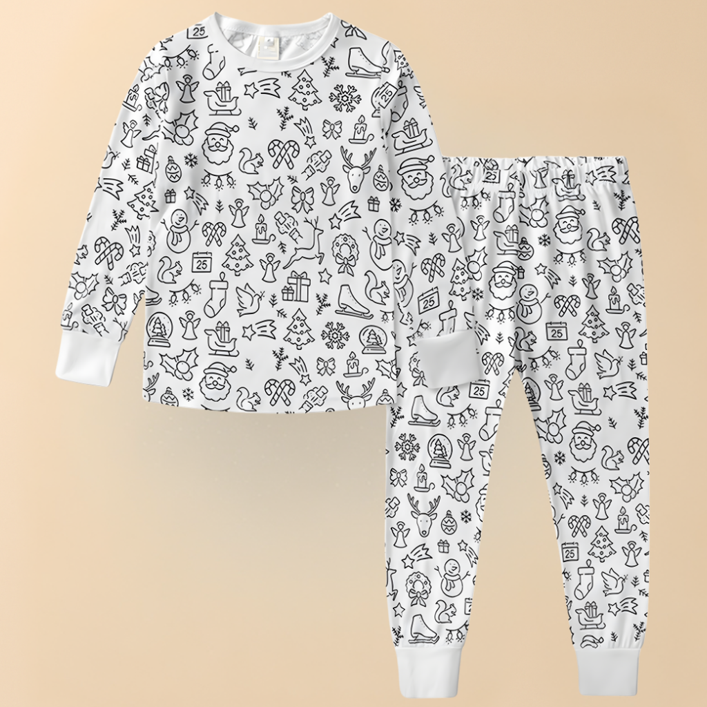 Kinder Baumwoll-Schlafanzug-Set zum Ausmalen – Kreativer Weihnachts-Pyjama