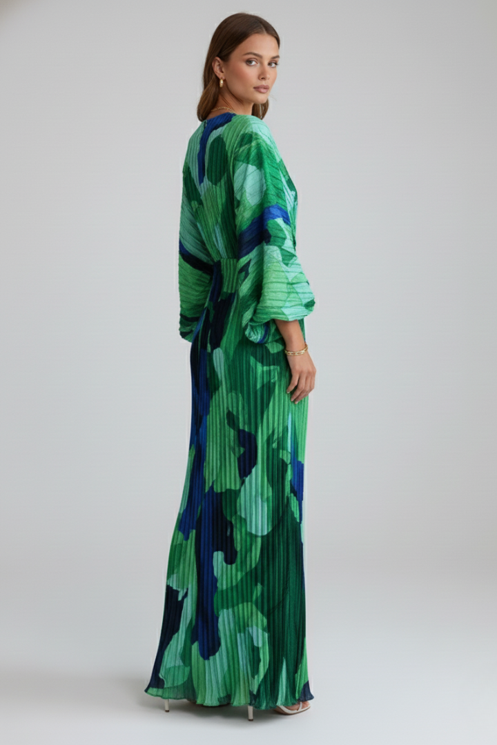 Maxikleid für Damen mit V-Ausschnitt und Plissee-Finish | Langarm Kleid mit geraffter Taille und Seitenschlitz gemustert