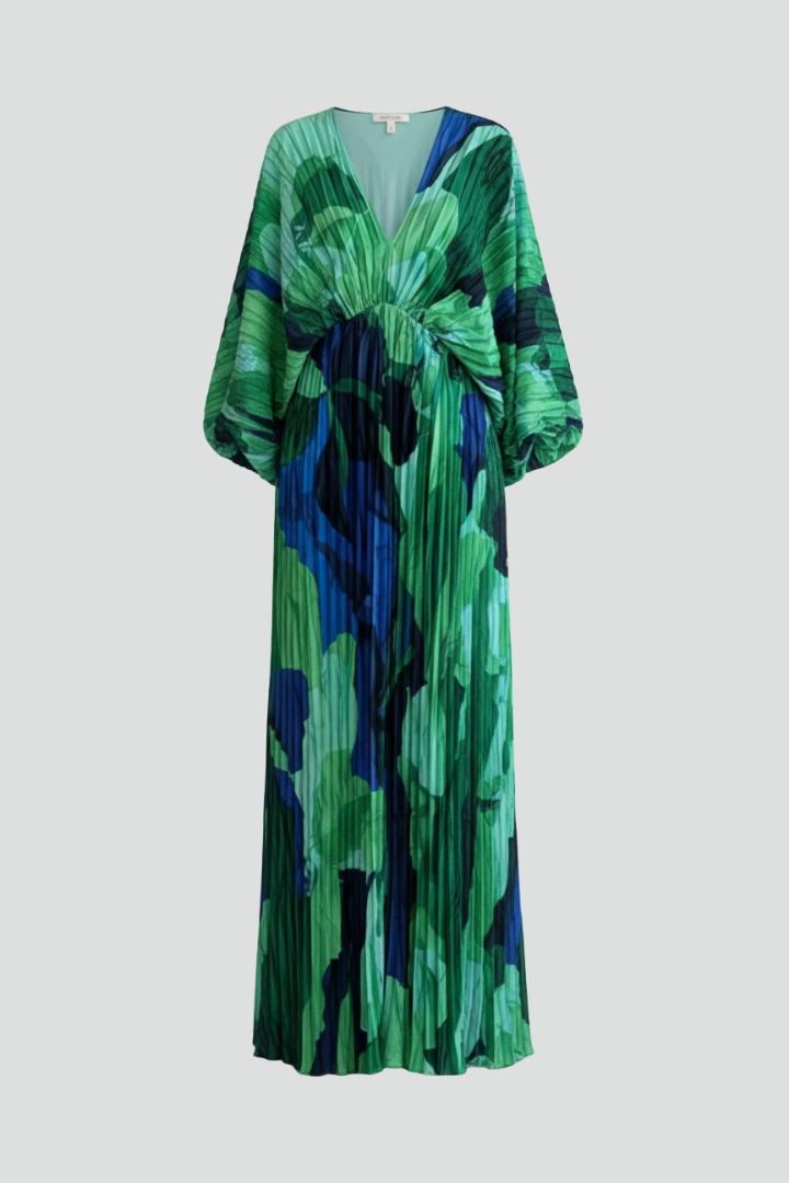 Maxikleid für Damen mit V-Ausschnitt und Plissee-Finish | Langarm Kleid mit geraffter Taille und Seitenschlitz gemustert