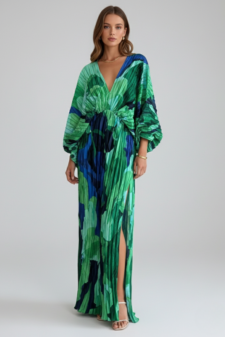 Maxikleid für Damen mit V-Ausschnitt und Plissee-Finish | Langarm Kleid mit geraffter Taille und Seitenschlitz gemustert