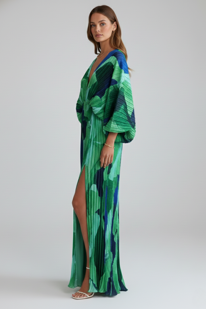 Maxikleid für Damen mit V-Ausschnitt und Plissee-Finish | Langarm Kleid mit geraffter Taille und Seitenschlitz gemustert