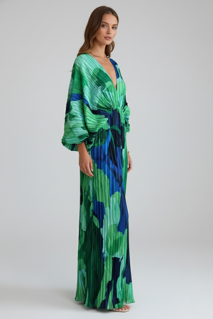 Maxikleid für Damen mit V-Ausschnitt und Plissee-Finish | Langarm Kleid mit geraffter Taille und Seitenschlitz gemustert