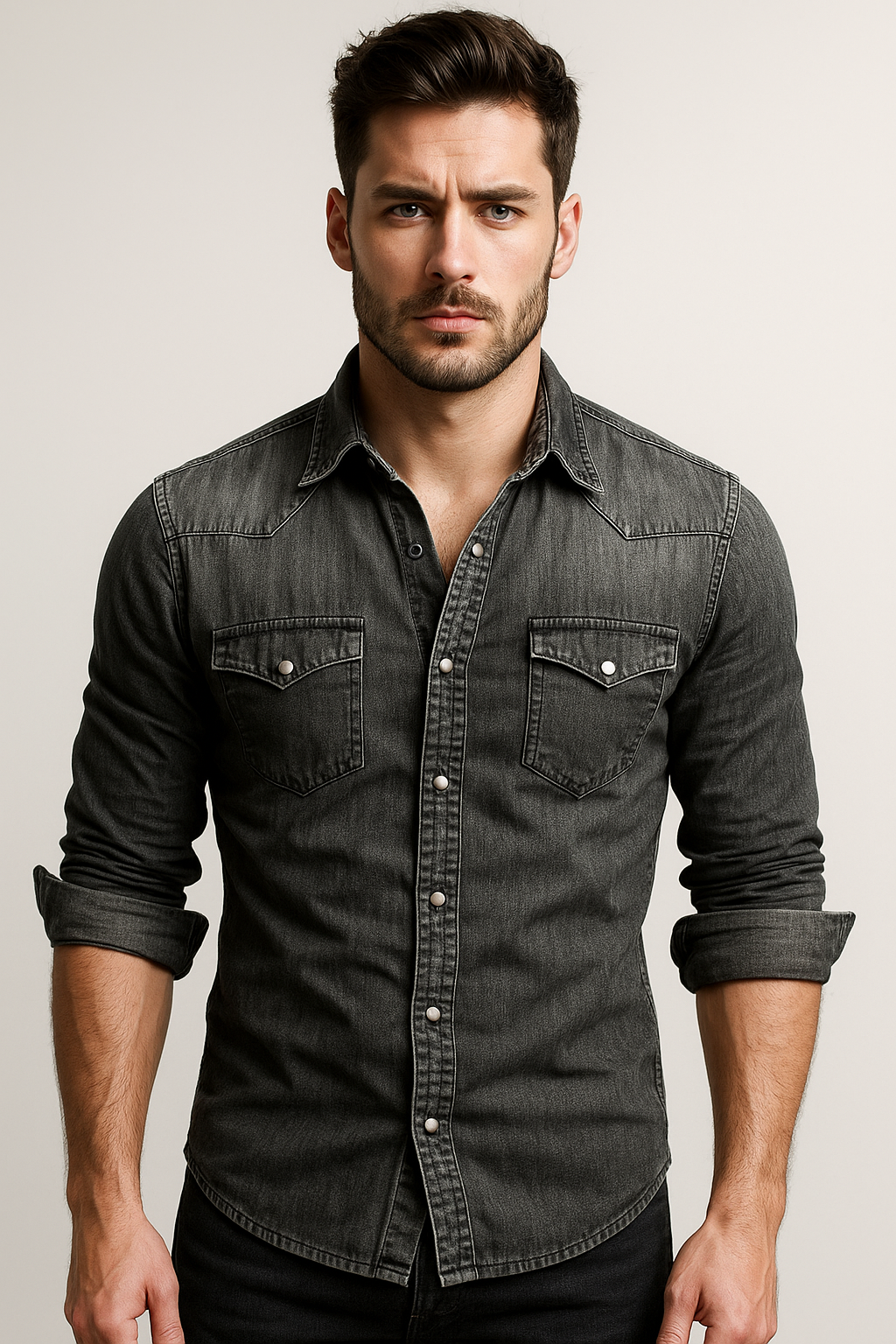 Men's Slim Fit Denim Shirt with Snap Buttons | Lightweight Denim Shirt with Chest Pockets for Casual and Everyday Wear - All Year Round