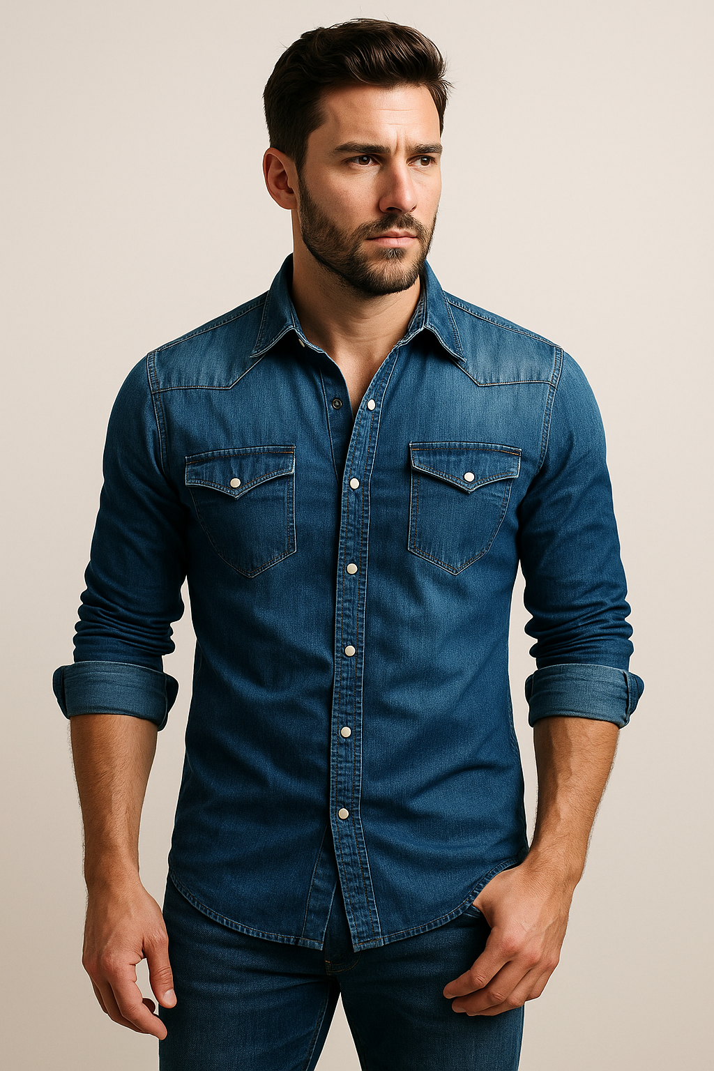 Men's Slim Fit Denim Shirt with Snap Buttons | Lightweight Denim Shirt with Chest Pockets for Casual and Everyday Wear - All Year Round