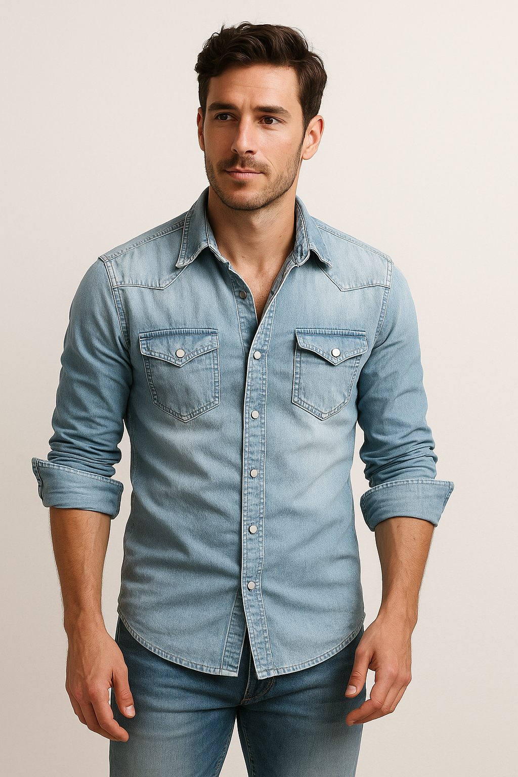 Men's Slim Fit Denim Shirt with Snap Buttons | Lightweight Denim Shirt with Chest Pockets for Casual and Everyday Wear - All Year Round