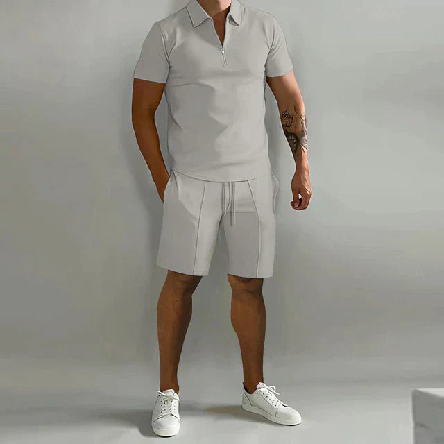 Charcoal | Men's Outfit – Polo and Drawstring Shorts Set With Zip Design 1