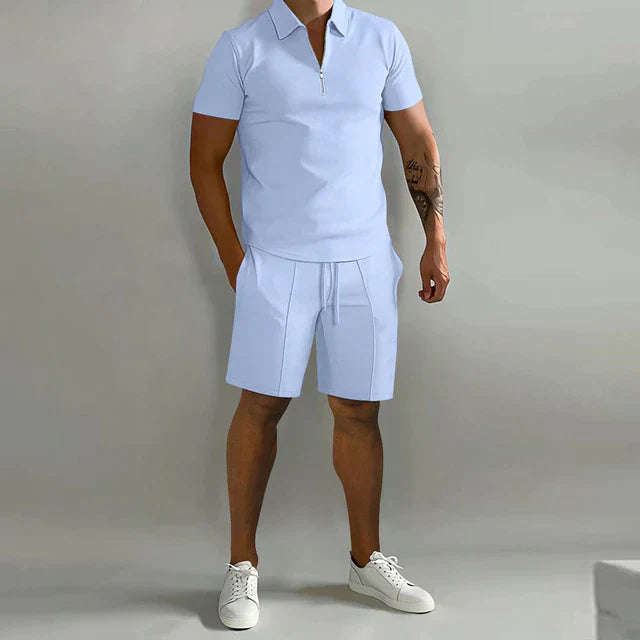 Charcoal | Men's Outfit – Polo and Drawstring Shorts Set With Zip Design 2