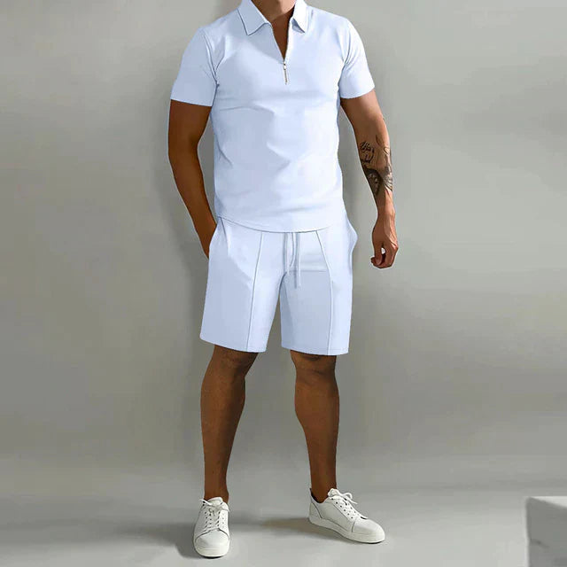 Charcoal | Men's Outfit – Polo and Drawstring Shorts Set With Zip Design 3