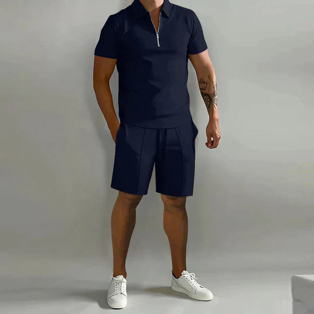 Charcoal | Men's Outfit – Polo and Drawstring Shorts Set With Zip Design 4