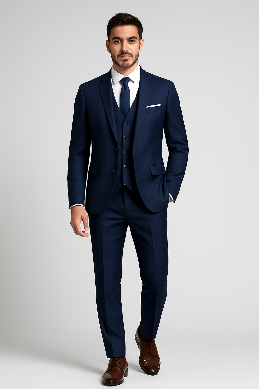 Elegant three-piece men's suit in slim fit cut for weddings and banquets