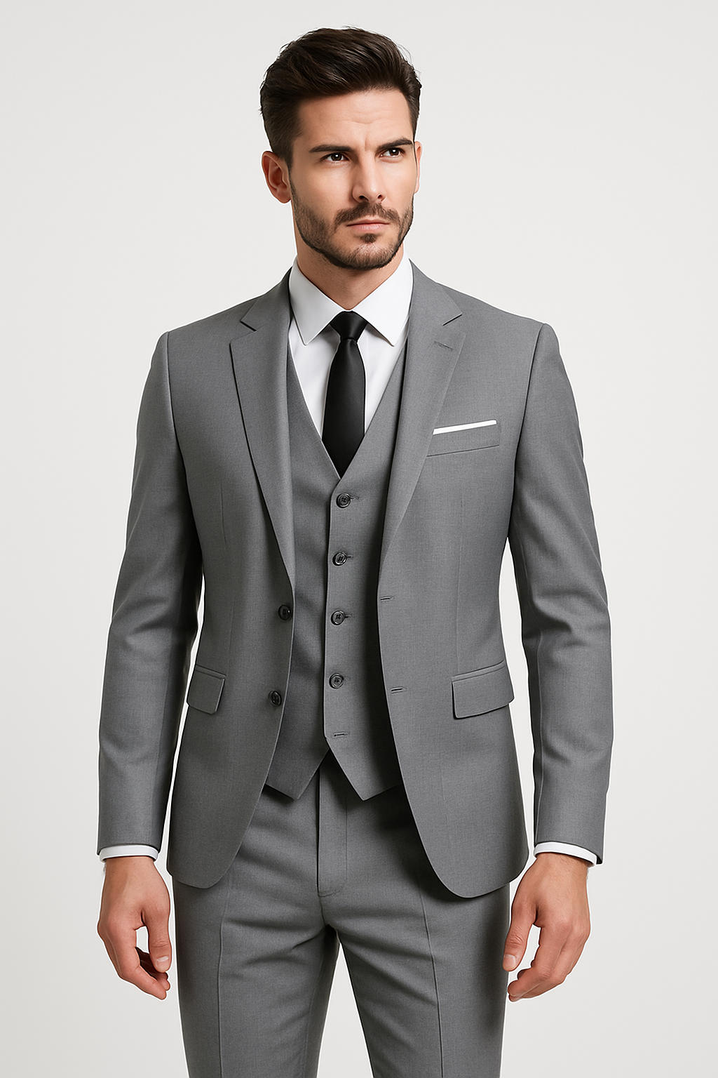 Elegant three-piece men's suit in slim fit cut for weddings and banquets
