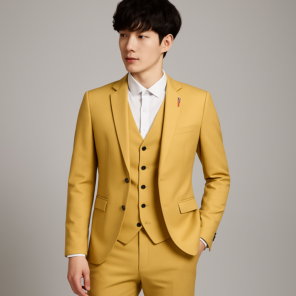 Elegant three-piece men's suit in slim fit cut for weddings and banquets