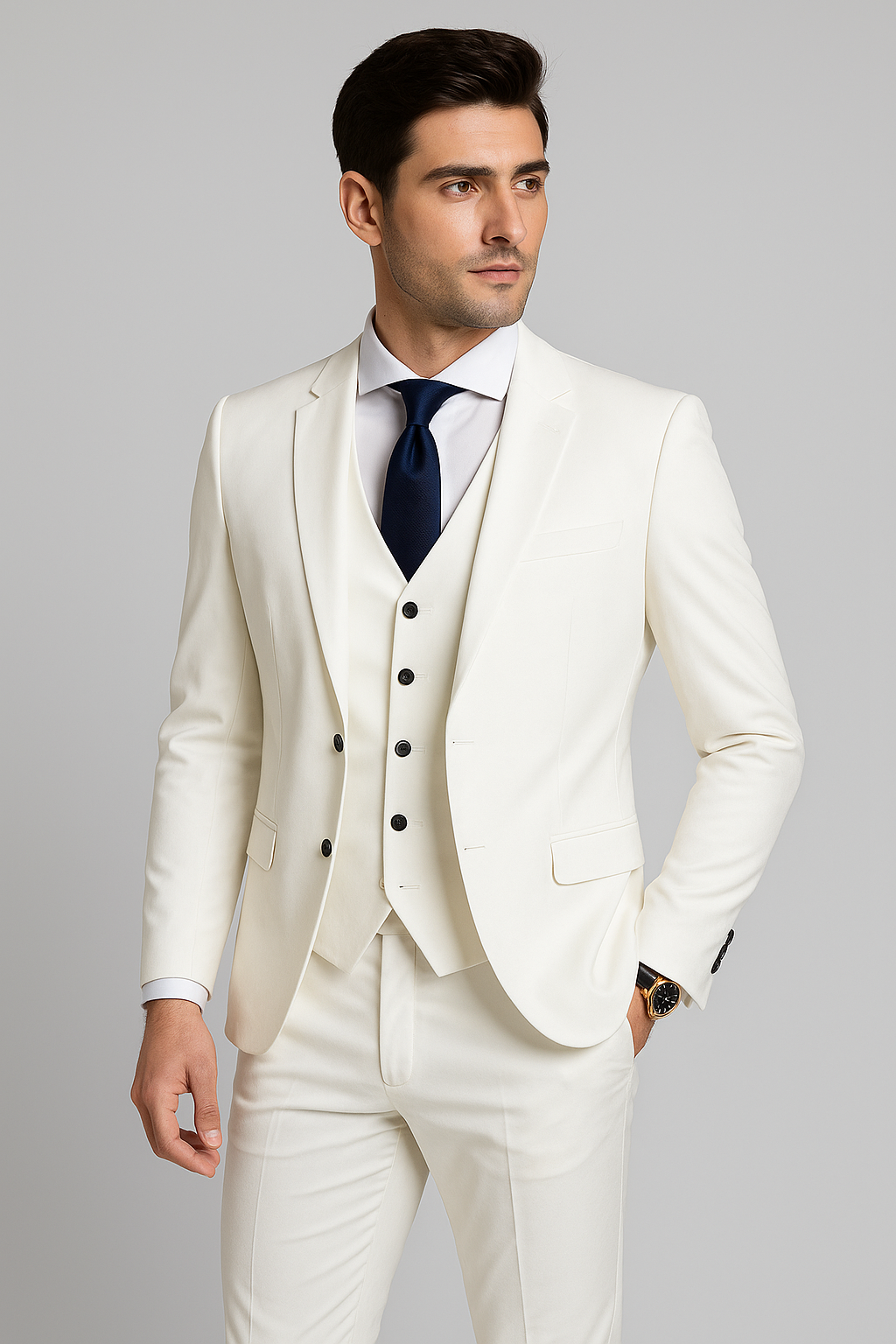 Elegant three-piece men's suit in slim fit cut for weddings and banquets