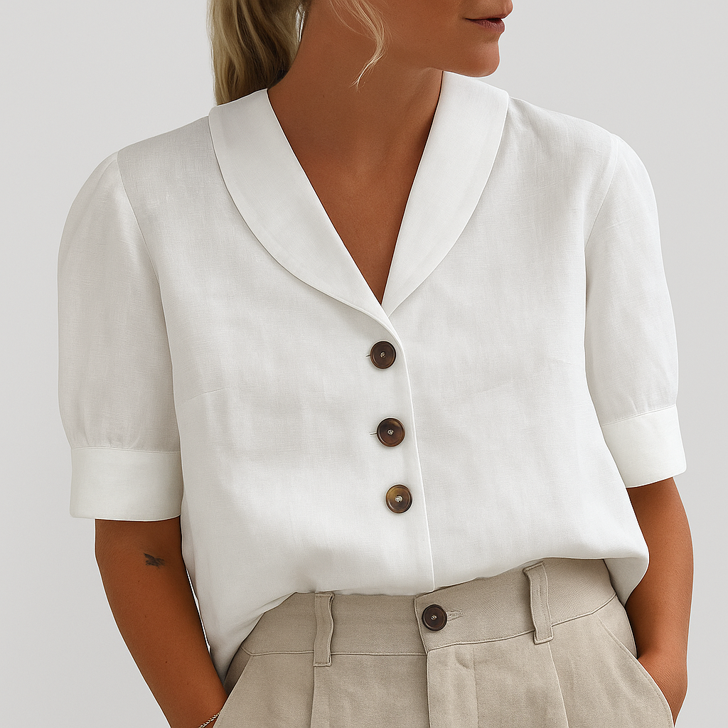 Women's V-Neck Blouse with Button Placket | Loose-Fitting Short Sleeve Blouse | Versatile Business Casual Top for Women