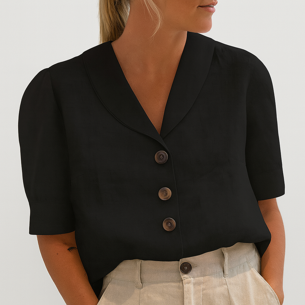 Women's V-Neck Blouse with Button Placket | Loose-Fitting Short Sleeve Blouse | Versatile Business Casual Top for Women