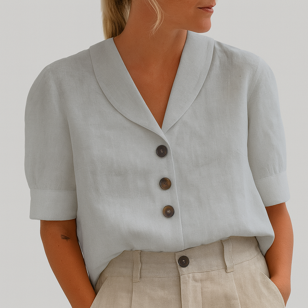 Women's V-Neck Blouse with Button Placket | Loose-Fitting Short Sleeve Blouse | Versatile Business Casual Top for Women