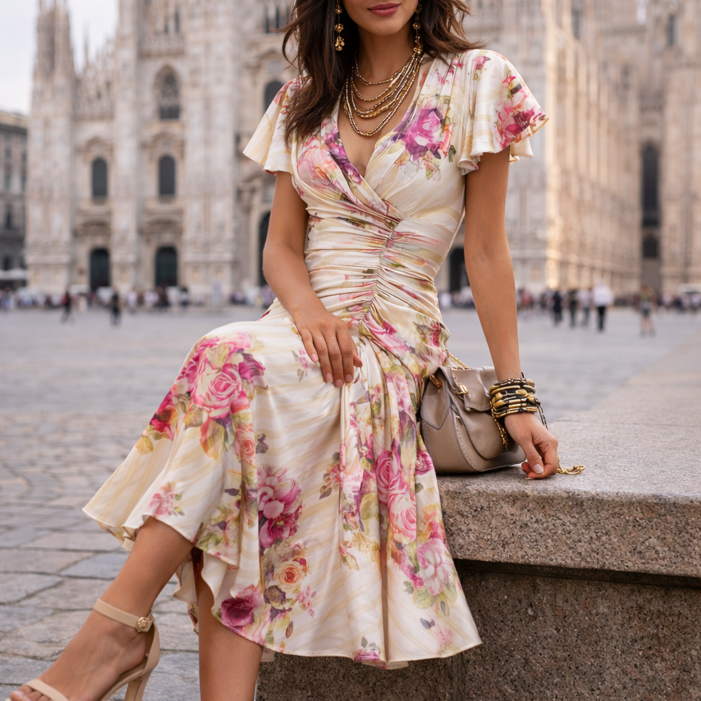 Midi dress with floral pattern for wedding guests | Wrap style with V-neckline and light flutter sleeves | A-line cut