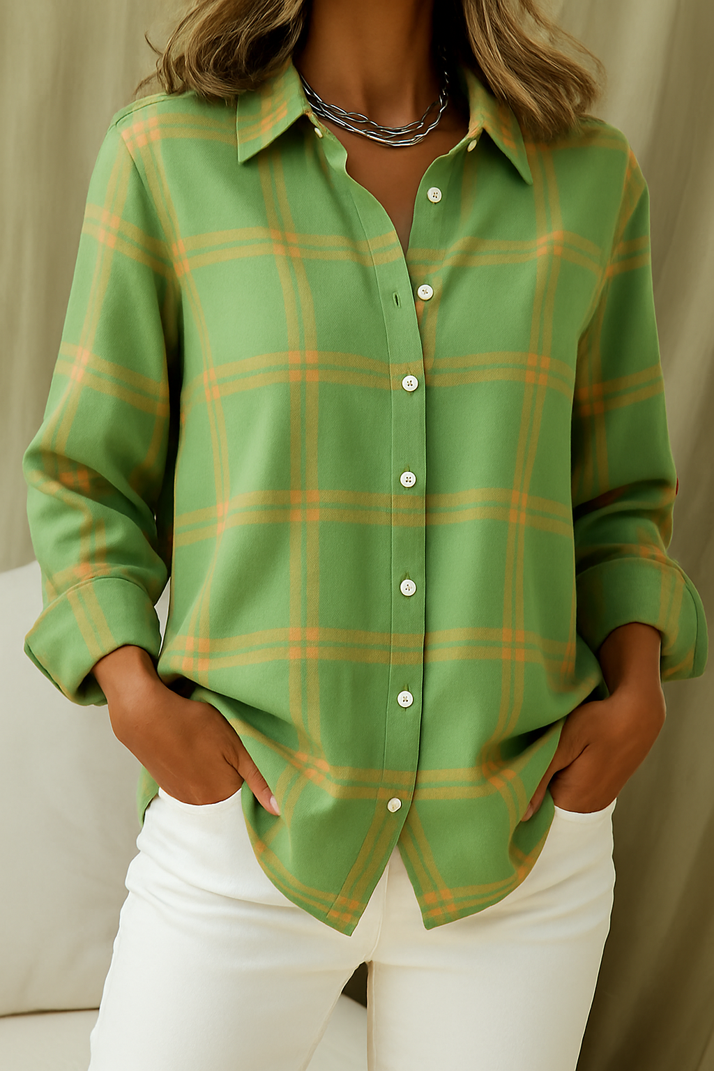 Chemise femme à carreaux col revers | Élégante & confortable - Vert